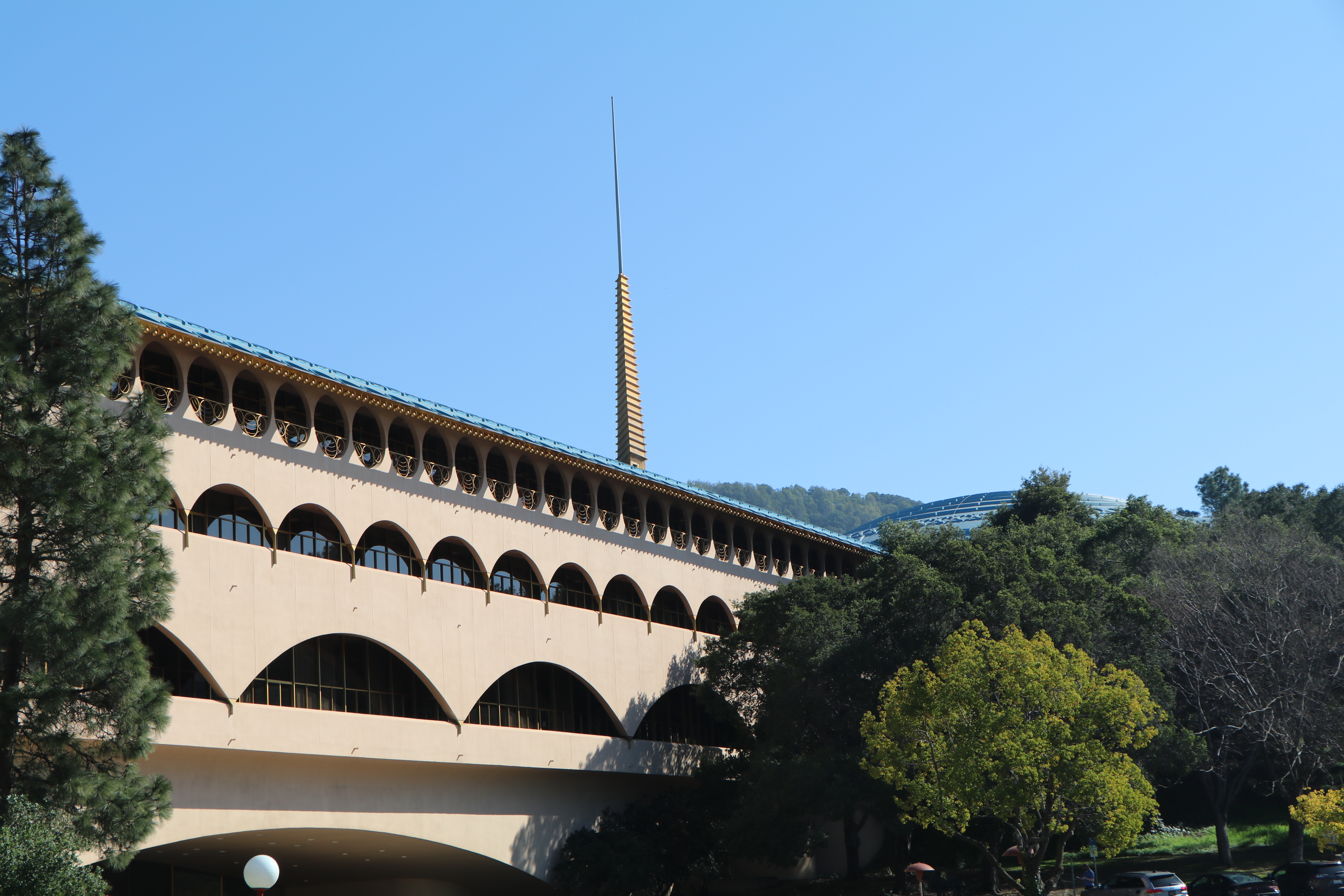 An exterior view of the Marin County Civic Center showing the spire.