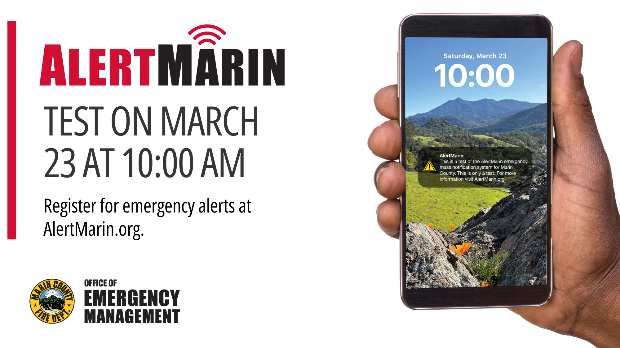 A closeup view of a person's hand holding a cell phone with an emergency notification from AlertMarin.