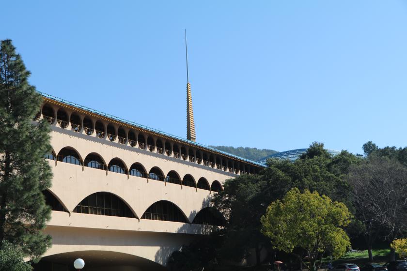 An exterior view of the Marin County Civic Center showing the spire.