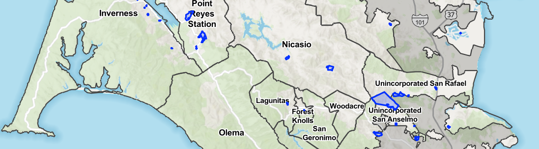 Map of Marin County with outline of the few planning projects.